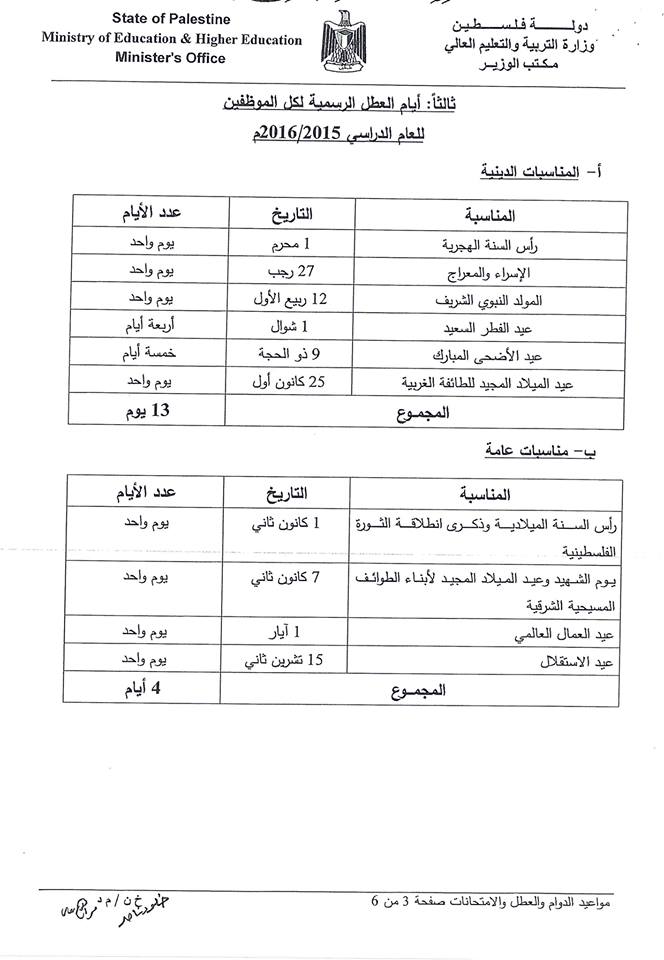 جدول مواعيد الدوام والامتحانات والعطل المدرسية والاعياد في فلسطين للعام الدراسي 2015/2016