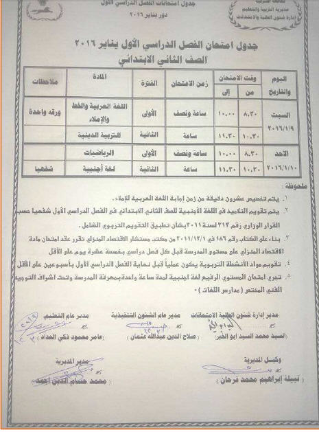 جدول امتحانات نصف العام الترم الاول 2016 محافظة الشرقية المرحلة الابتدائية