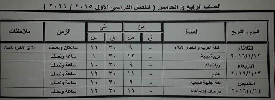 ننشر جدول امتحانات الشهادة الابتدائيه والاعداديه والثانويه 2016 الترم الاول محافظة كفر الشيخ