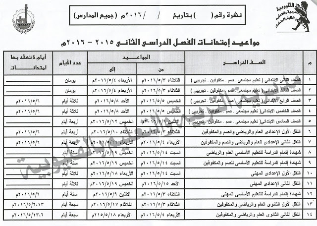 جدول زمنى مواعيد امتحانات نهاية العام الفصل الدراسى الثانى 2016 جميع المراحل التعليمية