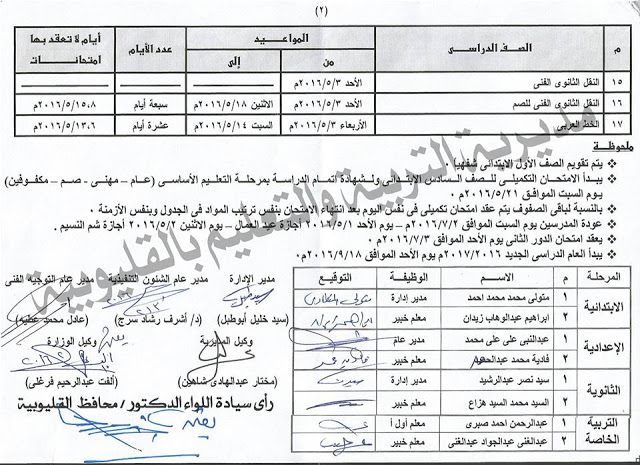 جدول زمنى مواعيد امتحانات نهاية العام الفصل الدراسى الثانى 2016 جميع المراحل التعليمية