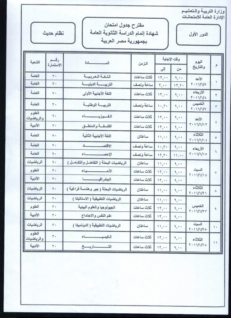 اعلان جدول امتحانات الثانوية العامة اخر العام 2016 جميع المواد مواعيد امتحانات الدبلومات الفنية والثانوية العامة