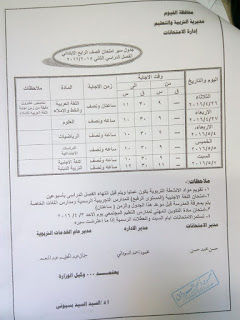 جداول امتحانات الشهادة الابتدائية والاعدادية والثانوية بالفيوم 2016 امتحان أخر العام