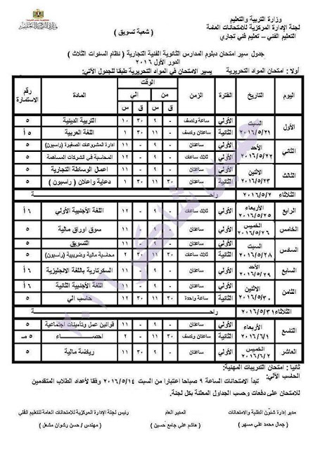 جدول امتحانات دبلوم التجاره اخر العام 2016 جميع الاقسام