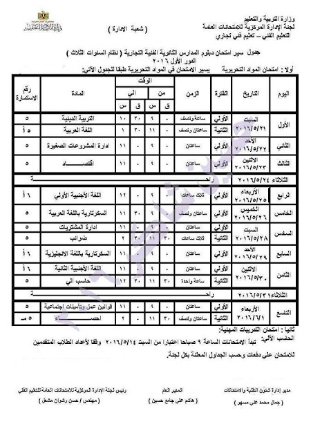 جدول امتحانات دبلوم التجاره اخر العام 2016 جميع الاقسام