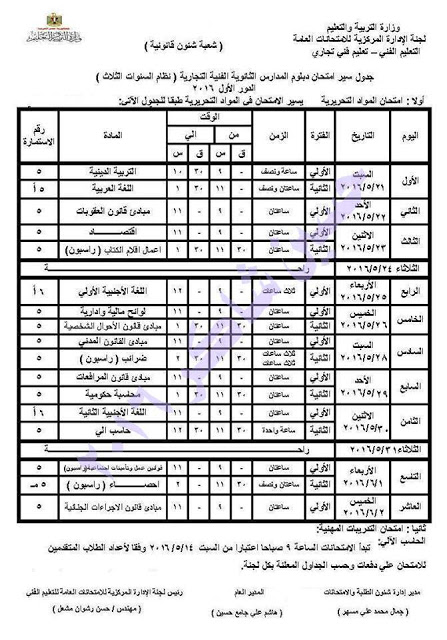 جدول امتحانات دبلوم التجاره اخر العام 2016 جميع الاقسام