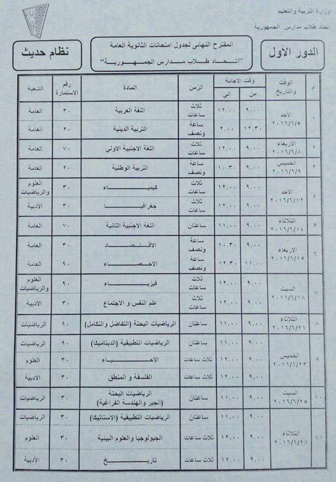 جدول امتحانات الثانوية العامة 2016 اخر العام موقع وزارة التربية والتعليم