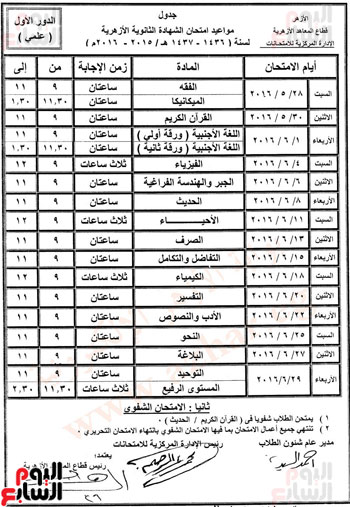 جدول مواعيد امتحانات الثانوية الازهرية 2016 ( علمى – ادبى – علوم اسلامية ) الترم الثانى بوابة الازهر الشريف