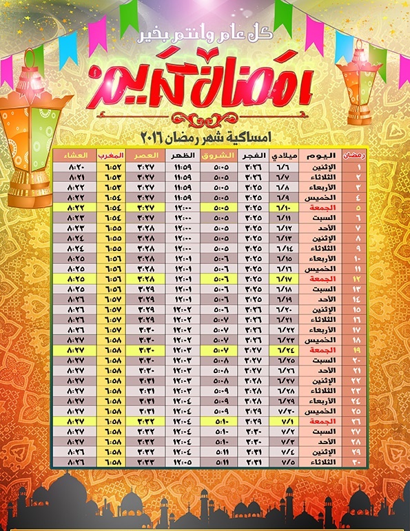 إمساكية شهر رمضان المبارك 2016 – 1437 في مصر والدول العربية.. موعد أول ايام شهر رمضان 2016